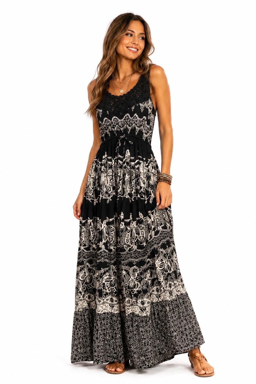 Y2K Bila Moto Boho Crochet Drawstring Waist Maxi Dress S Festival Fairy Grunge